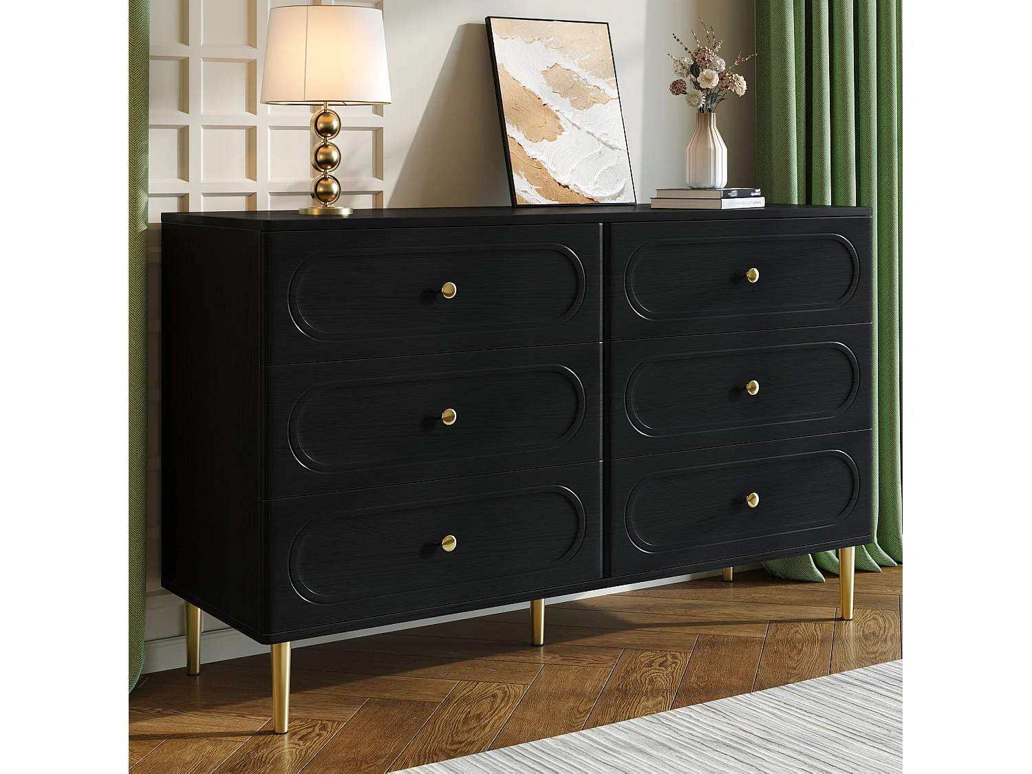 Moderne Kommode mit 6 Schubladen fürs Wohnzimmer – 120 x 40 x 75 cm – ovale Regalböden – Metallbeine – MDF + Spanplatte – schwarz