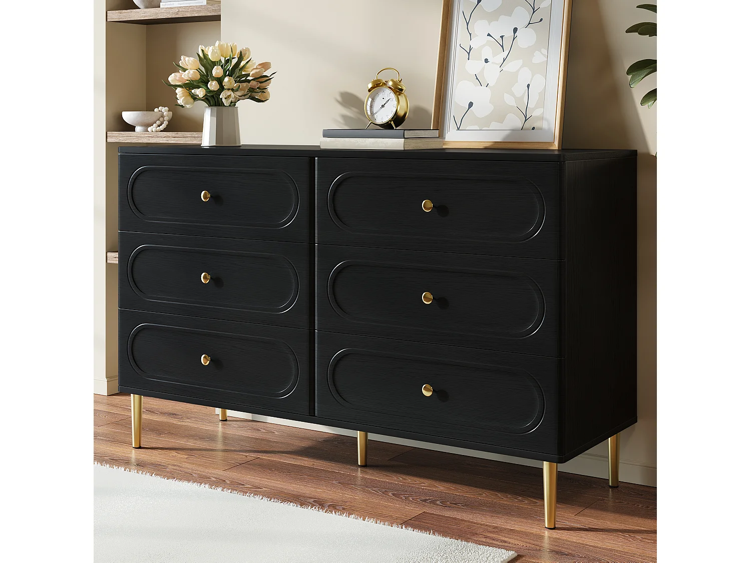 Moderne Kommode mit 6 Schubladen fürs Wohnzimmer – 120 x 40 x 75 cm – ovale Regalböden – Metallbeine – MDF + Spanplatte – schwarz