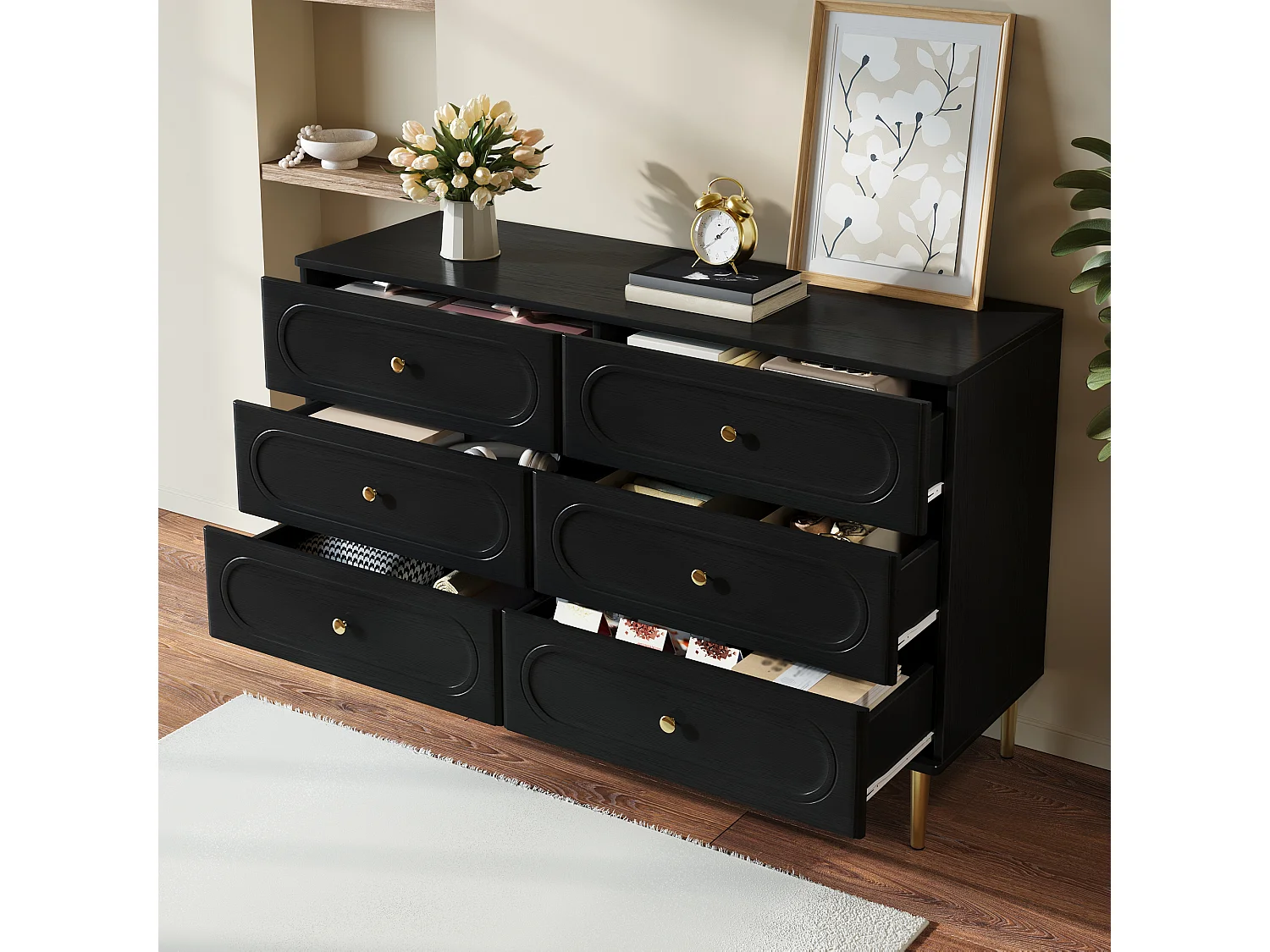 Moderne Kommode mit 6 Schubladen fürs Wohnzimmer – 120 x 40 x 75 cm – ovale Regalböden – Metallbeine – MDF + Spanplatte – schwarz