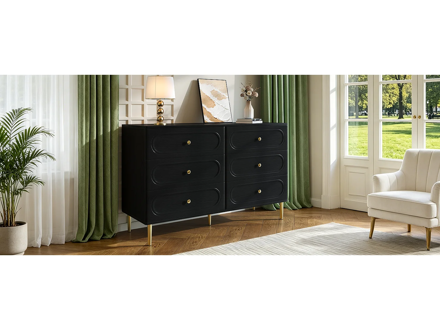 Moderne Kommode mit 6 Schubladen fürs Wohnzimmer – 120 x 40 x 75 cm – ovale Regalböden – Metallbeine – MDF + Spanplatte – schwarz