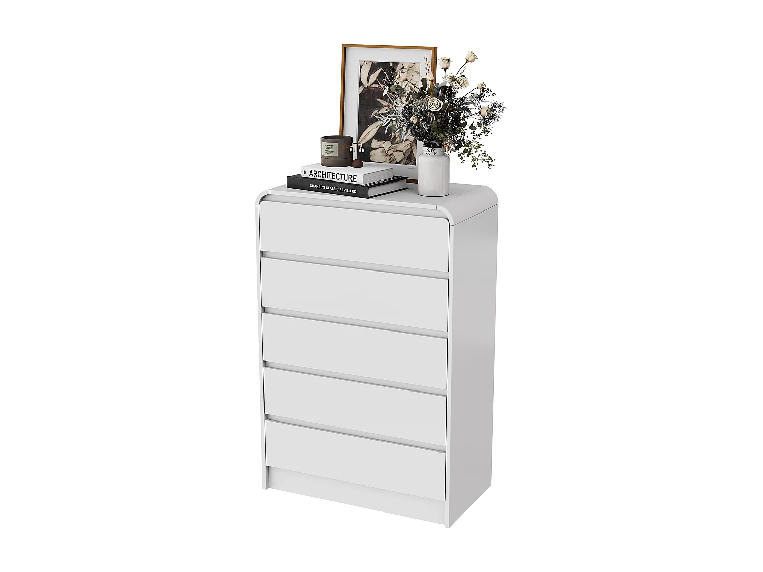 Commode à 5 Tiroirs, Meuble de Rangement Chambre avec LED, pour Entrée, Couloir, Blanc, 73x40x110 cm