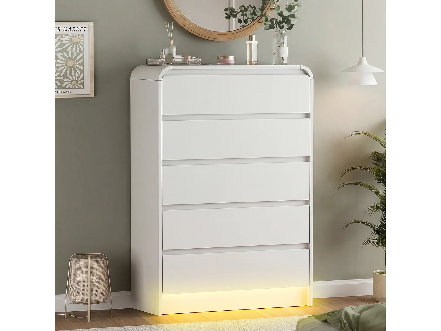 Commode à 5 Tiroirs, Meuble de Rangement Chambre avec LED, pour Entrée, Couloir, Blanc, 73x40x110 cm