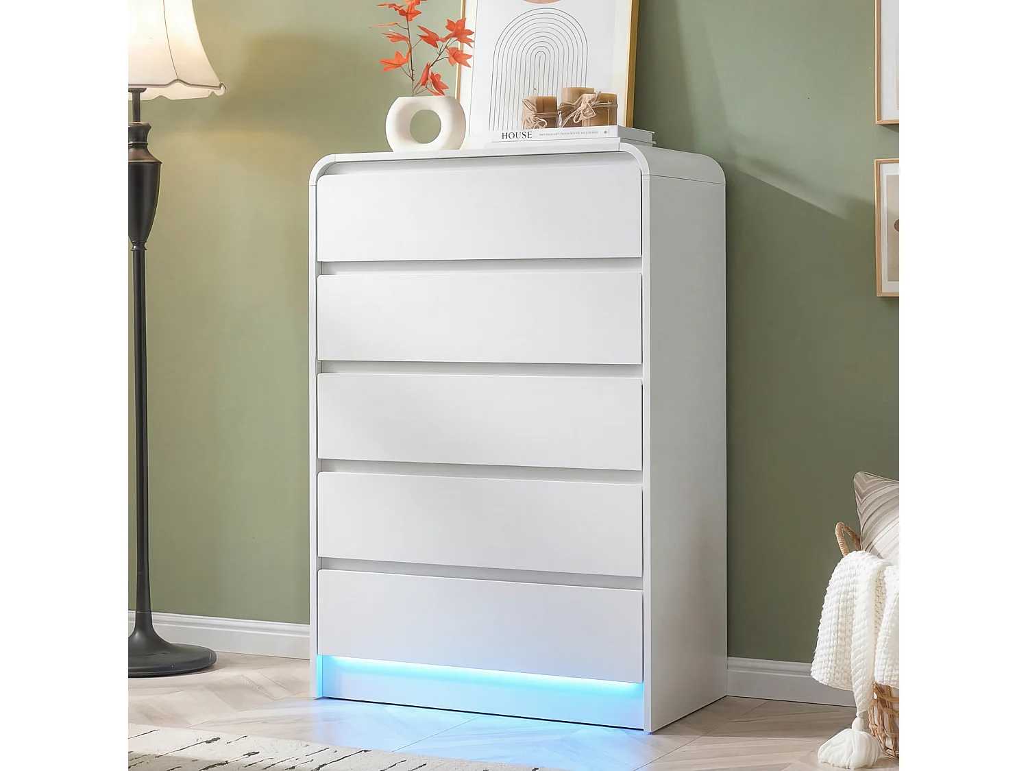 Commode à 5 Tiroirs, Meuble de Rangement Chambre avec LED, pour Entrée, Couloir, Blanc, 73x40x110 cm