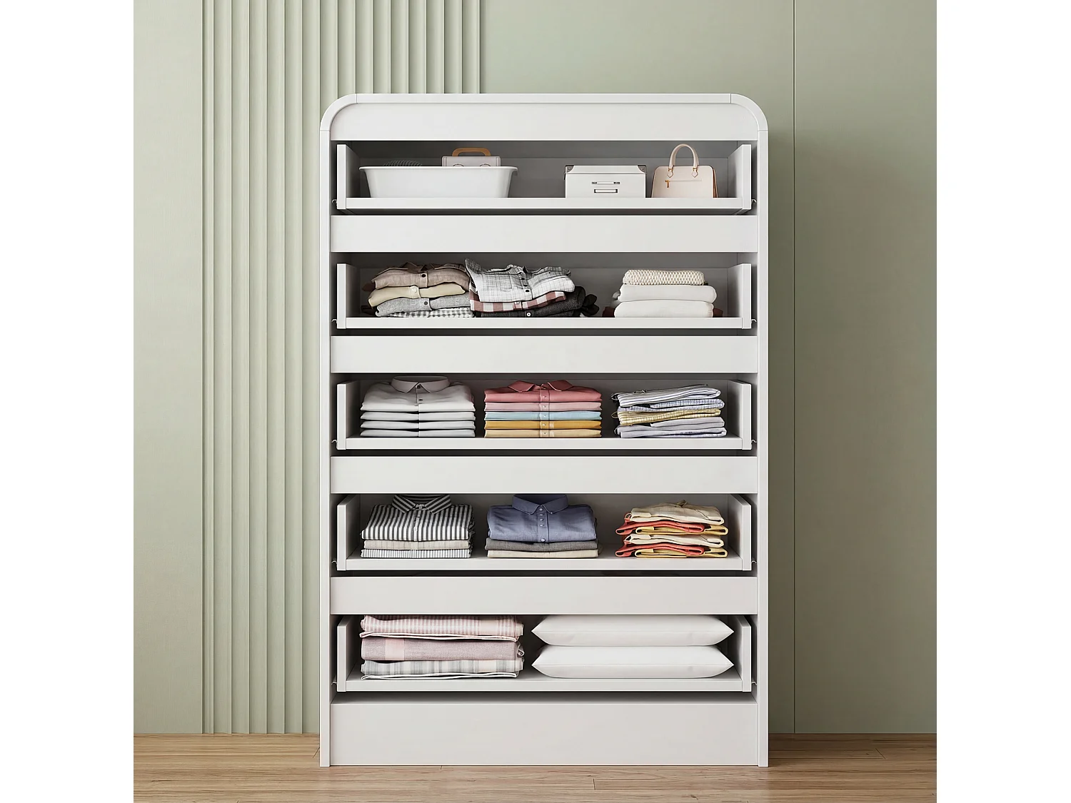 Commode à 5 Tiroirs, Meuble de Rangement Chambre avec LED, pour Entrée, Couloir, Blanc, 73x40x110 cm