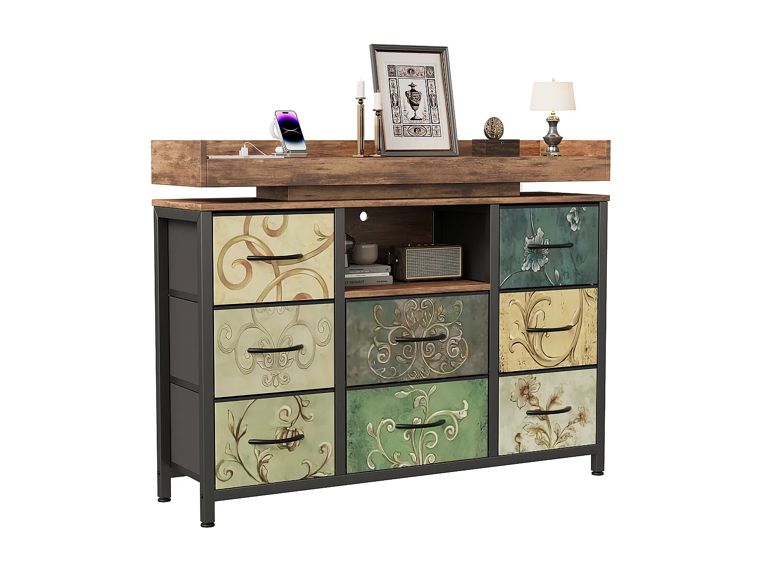 Commode avec 8 tiroirs en tissu - Design industriel - Structure en métal - 108 x 30 x 82 cm - Motif Rétro