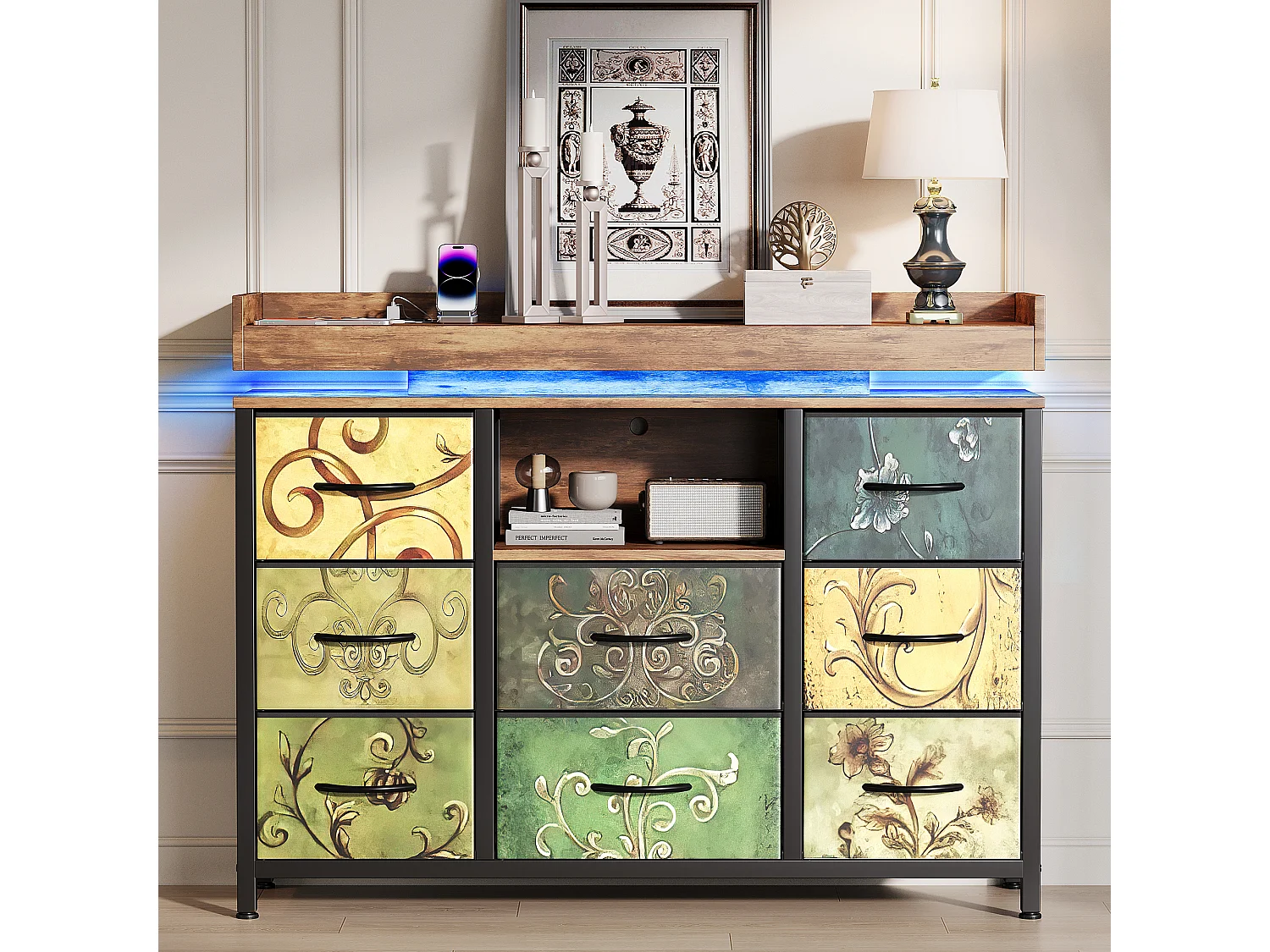 Commode avec 8 tiroirs en tissu - Design industriel - Structure en métal - 108 x 30 x 82 cm - Motif Rétro