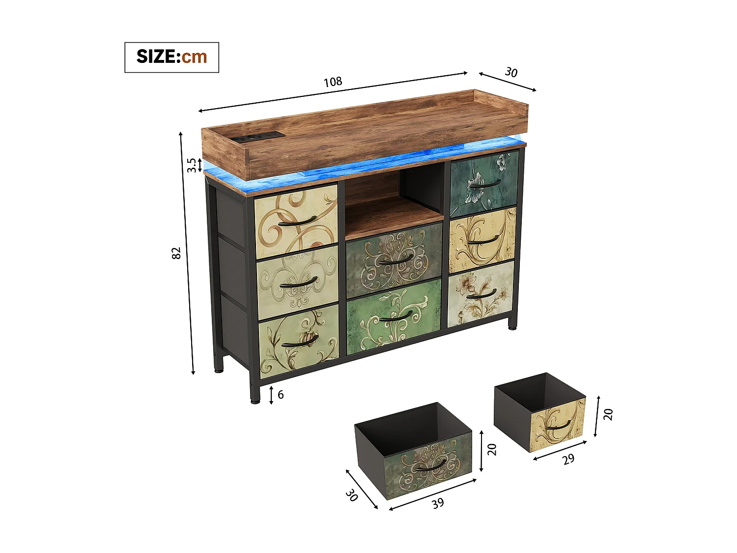 Commode avec 8 tiroirs en tissu - Design industriel - Structure en métal - 108 x 30 x 82 cm - Motif Rétro