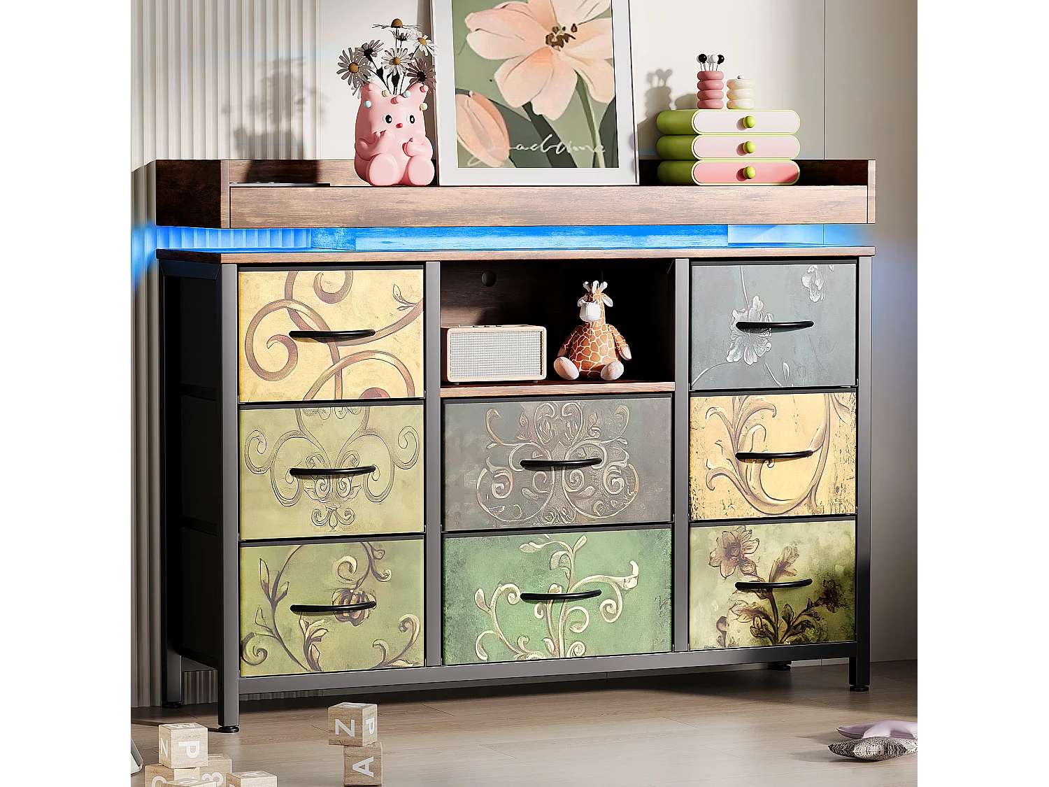 Commode avec 8 tiroirs en tissu - Design industriel - Structure en métal - 108 x 30 x 82 cm - Motif Rétro