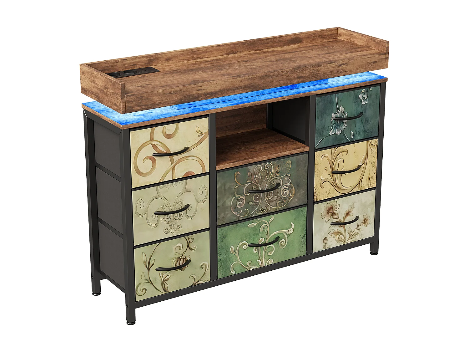 Commode avec 8 tiroirs en tissu - Design industriel - Structure en métal - 108 x 30 x 82 cm - Motif Rétro