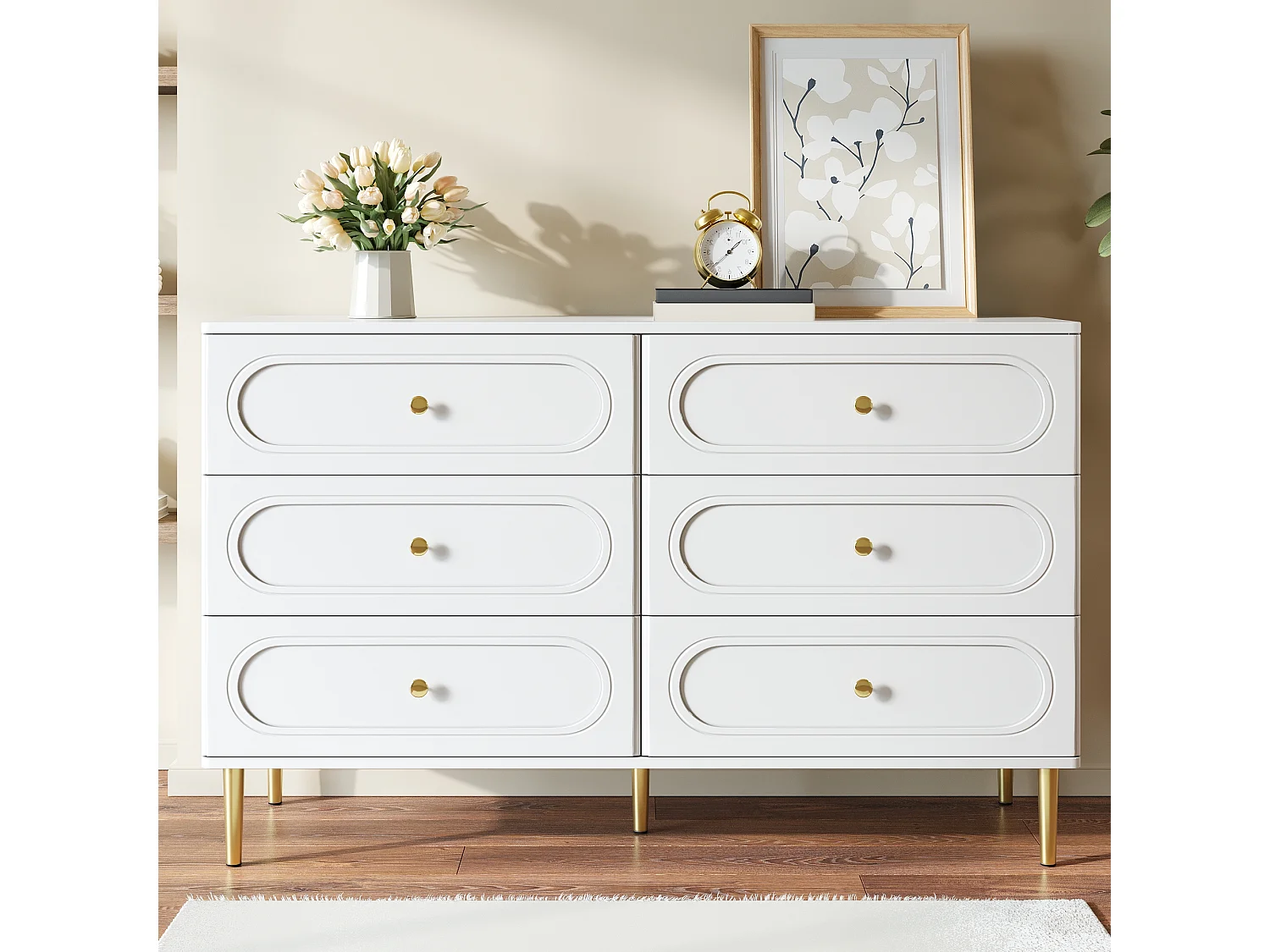 Moderne Kommode mit 6 Schubladen fürs Wohnzimmer – 120 x 40 x 75 cm – ovale Regalböden – Metallbeine – MDF + Spanplatte – weiß
