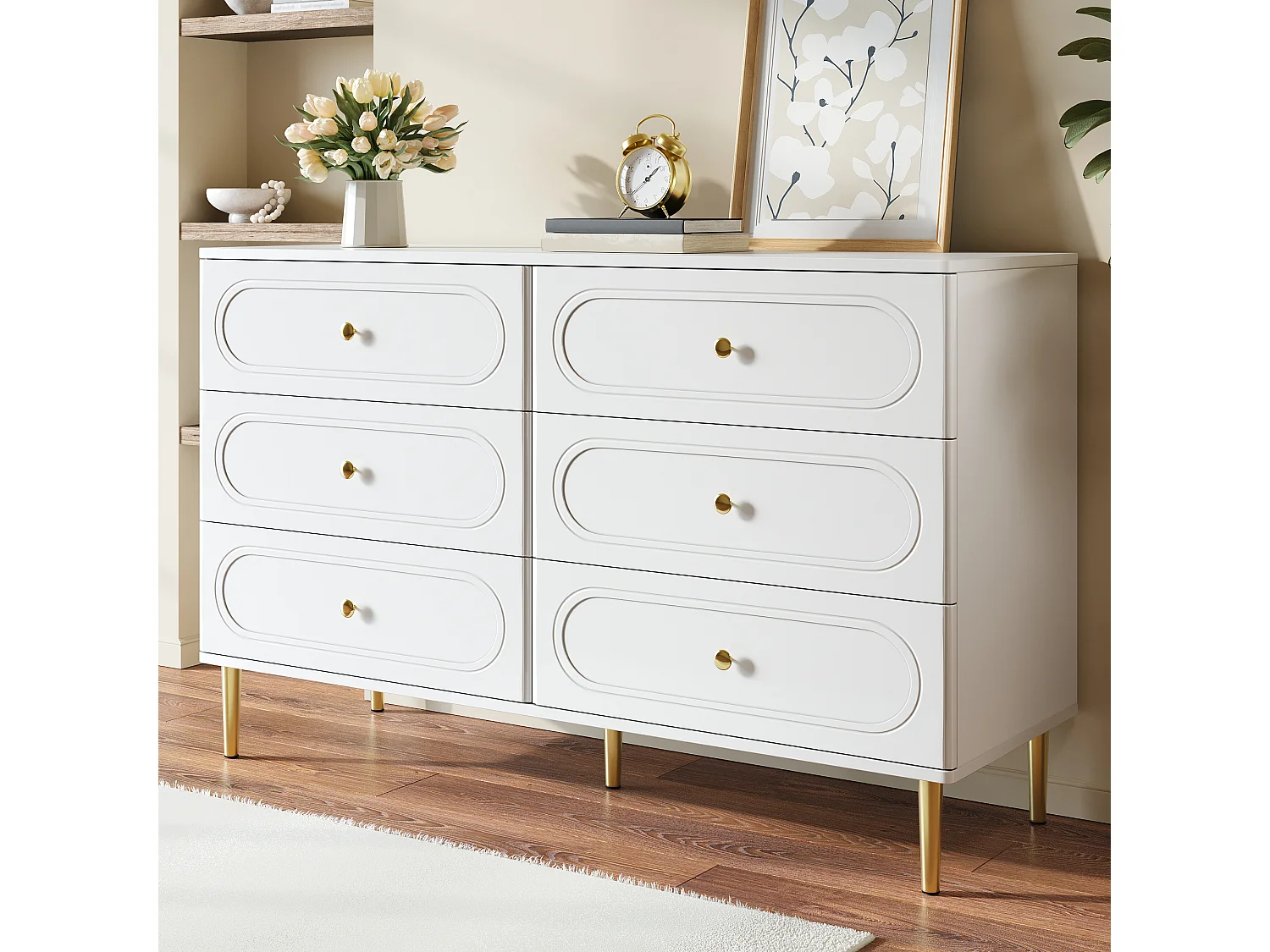 Moderne Kommode mit 6 Schubladen fürs Wohnzimmer – 120 x 40 x 75 cm – ovale Regalböden – Metallbeine – MDF + Spanplatte – weiß