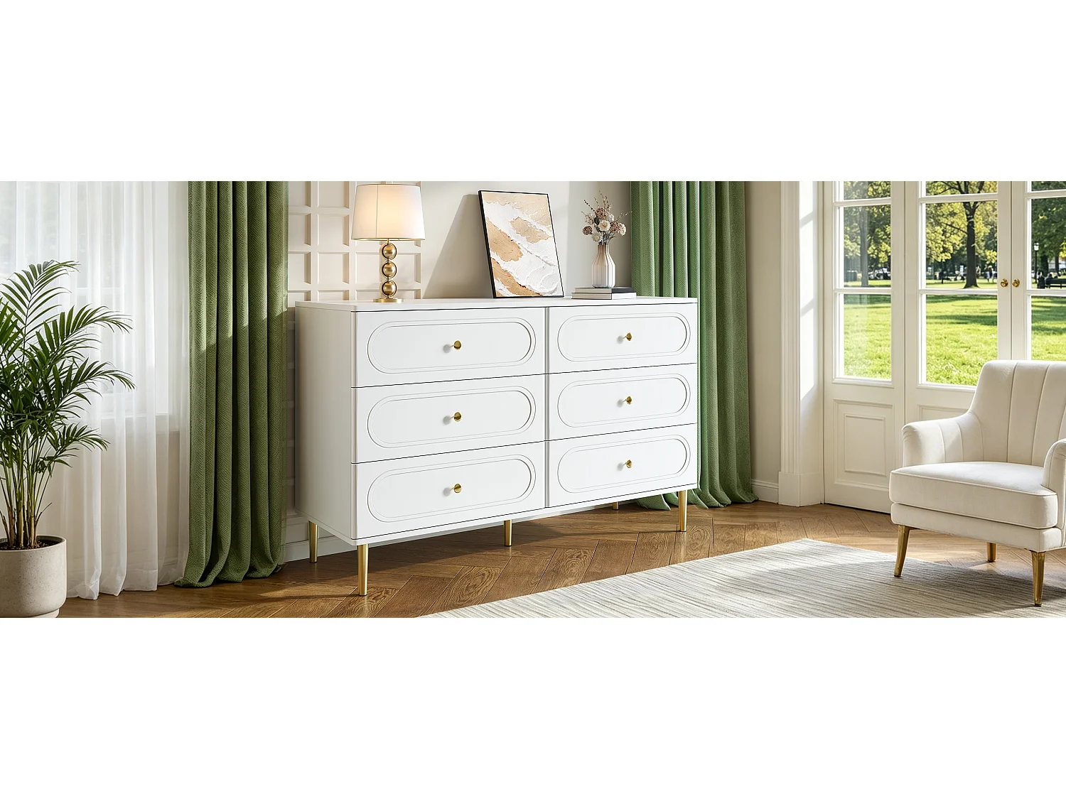 Moderne Kommode mit 6 Schubladen fürs Wohnzimmer – 120 x 40 x 75 cm – ovale Regalböden – Metallbeine – MDF + Spanplatte – weiß