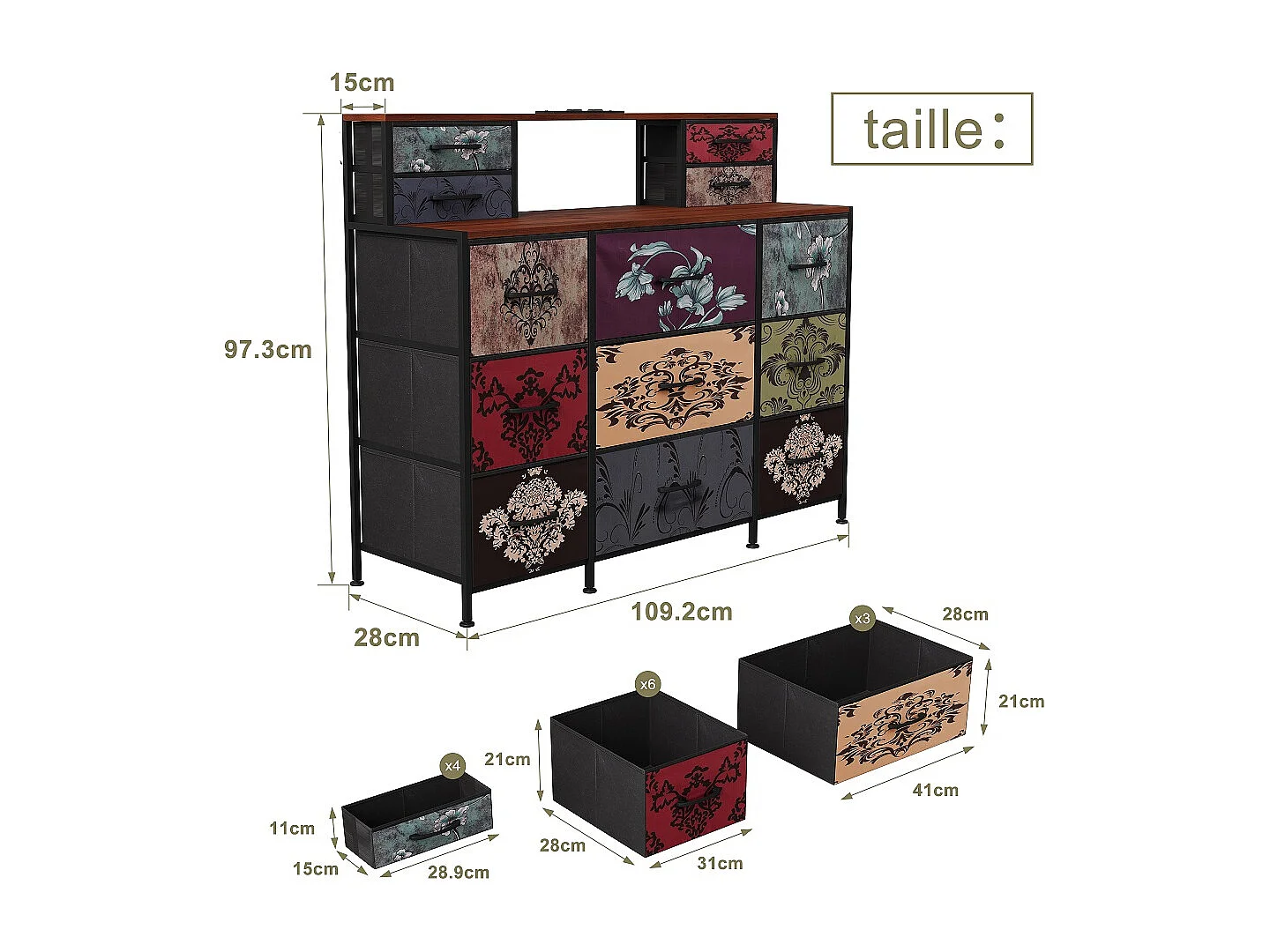 13 tiroirs dresser vintage avec lumières LED - armoire de stockage avec charge USB