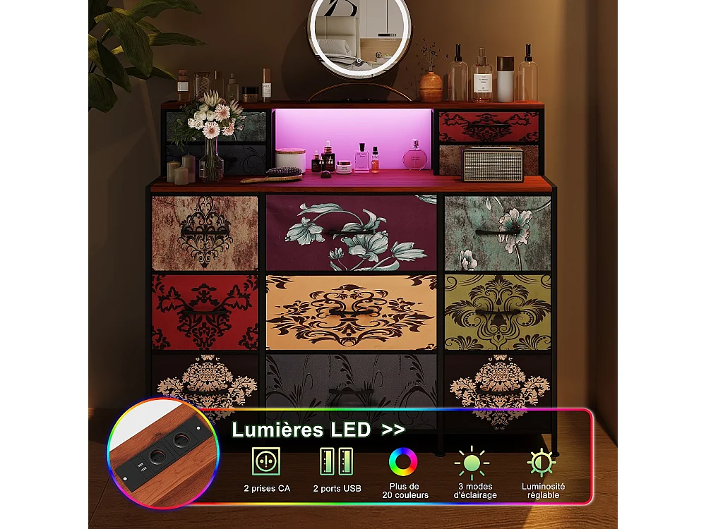 13 tiroirs dresser vintage avec lumières LED - armoire de stockage avec charge USB