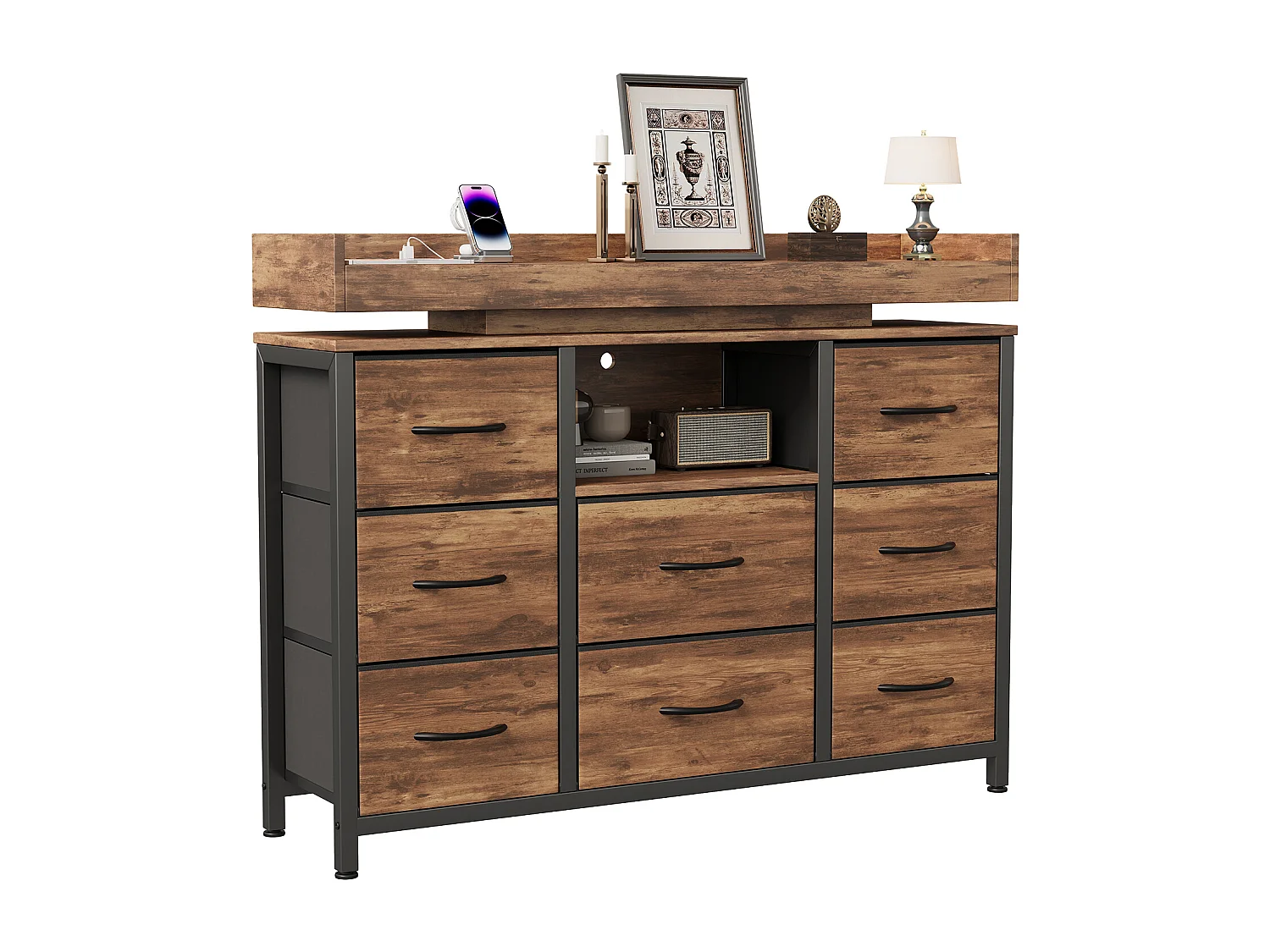 Commode avec 8 tiroirs en tissu - Design industriel - Structure en métal - 108 x 30 x 82 cm - Marron Rustique
