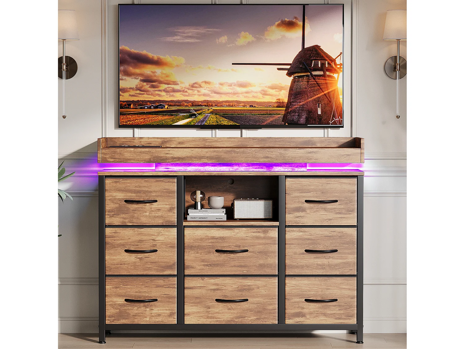 Commode avec 8 tiroirs en tissu - Design industriel - Structure en métal - 108 x 30 x 82 cm - Marron Rustique