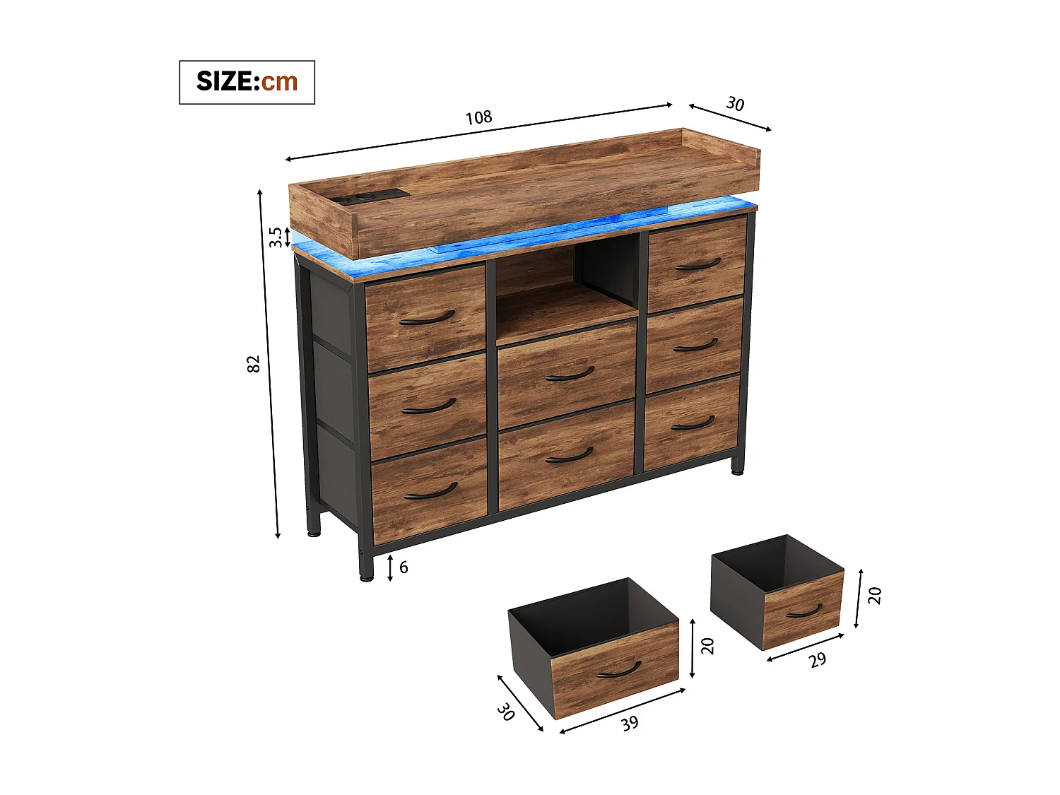 Commode avec 8 tiroirs en tissu - Design industriel - Structure en métal - 108 x 30 x 82 cm - Marron Rustique