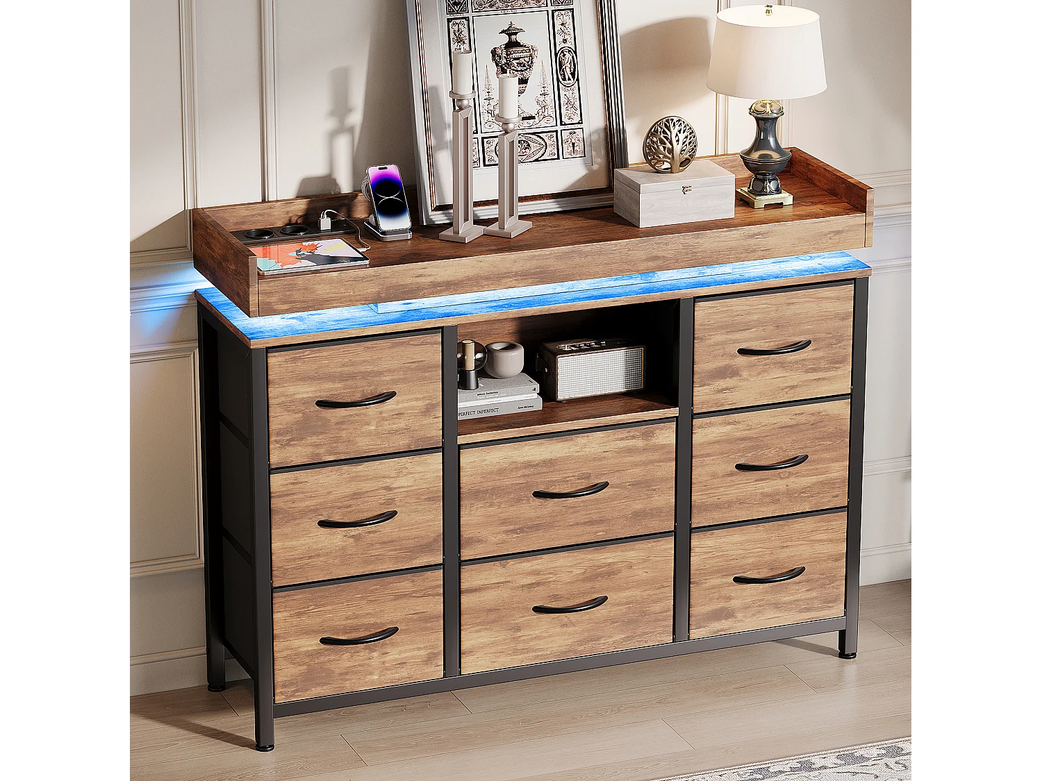 Commode avec 8 tiroirs en tissu - Design industriel - Structure en métal - 108 x 30 x 82 cm - Marron Rustique