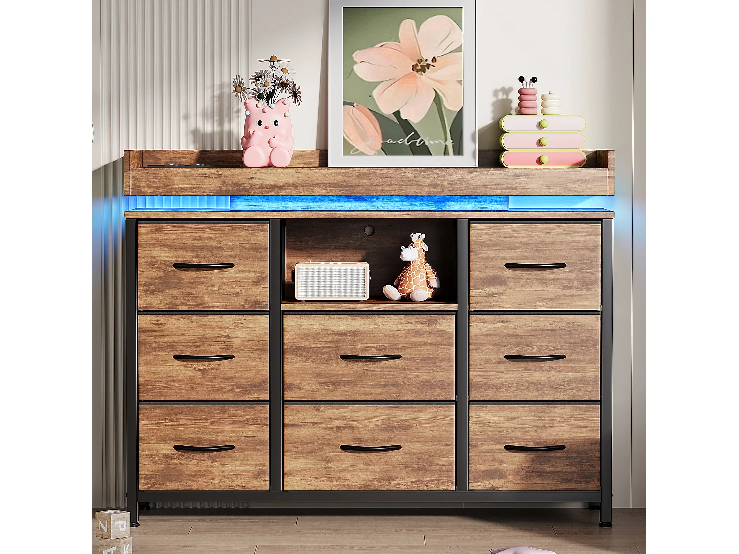 Commode avec 8 tiroirs en tissu - Design industriel - Structure en métal - 108 x 30 x 82 cm - Marron Rustique