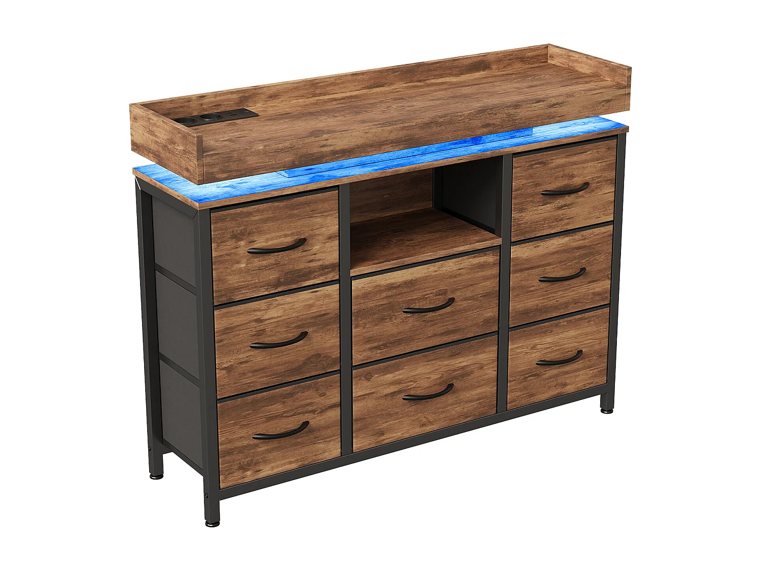 Commode avec 8 tiroirs en tissu - Design industriel - Structure en métal - 108 x 30 x 82 cm - Marron Rustique