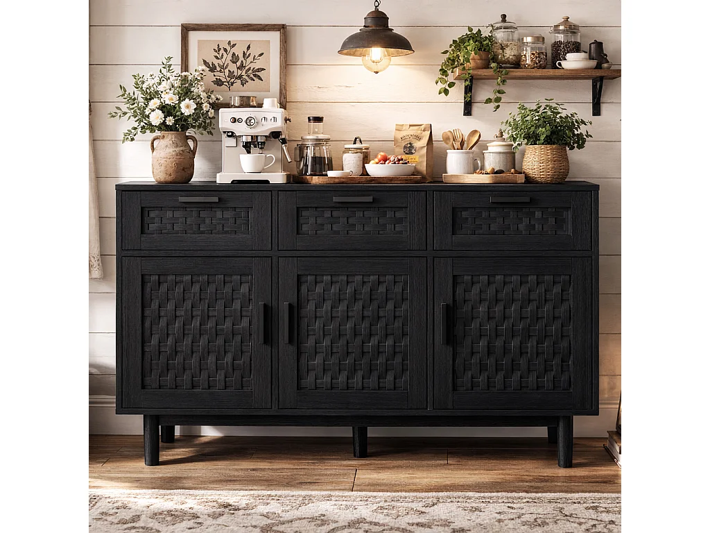 Commode 3 tiroirs et 3 porte chambre, conception anti-basculement et cadre en bois, pour salon, entrée, 115x40x80 cm, Noir