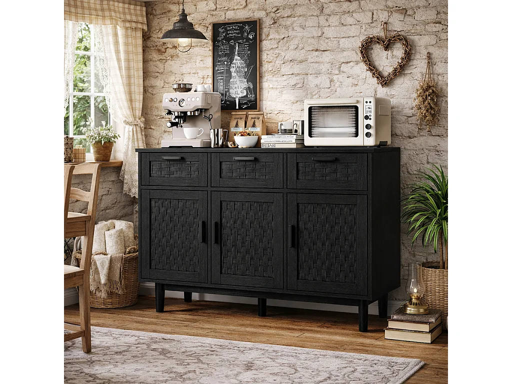 Commode 3 tiroirs et 3 porte chambre, conception anti-basculement et cadre en bois, pour salon, entrée, 115x40x80 cm, Noir