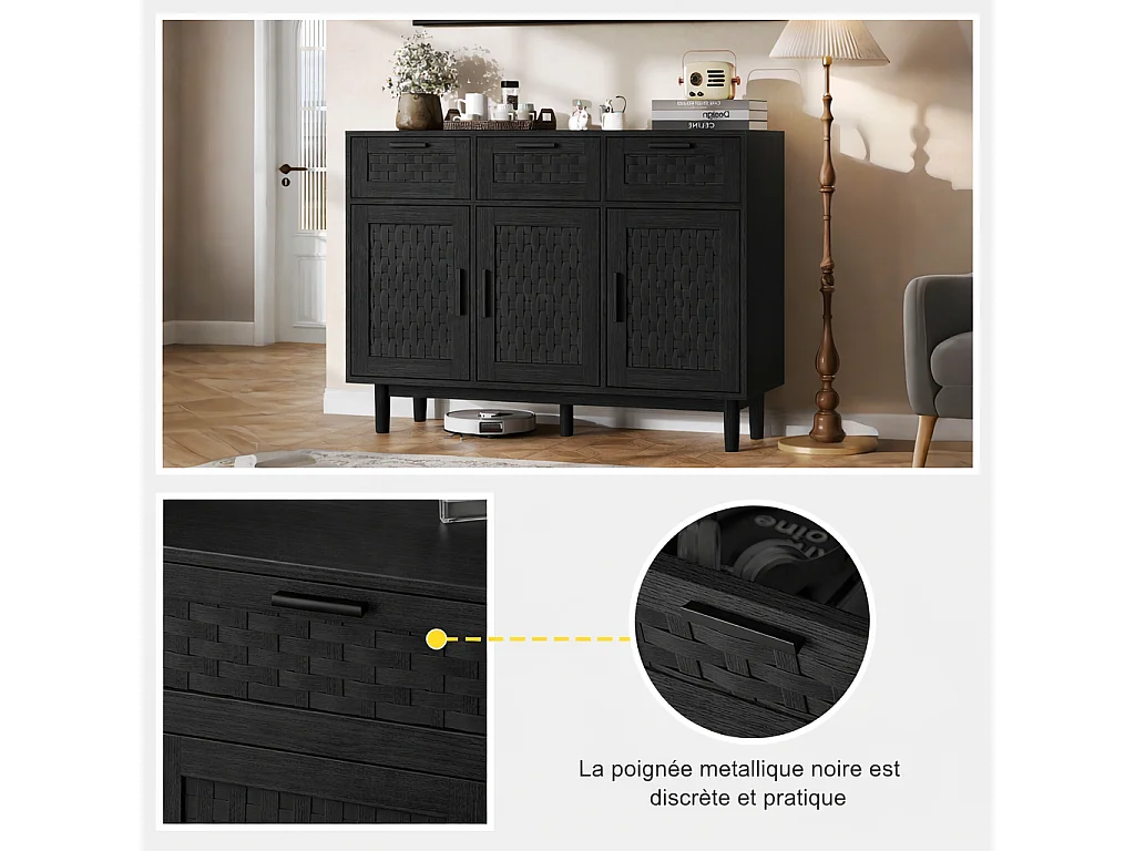 Commode 3 tiroirs et 3 porte chambre, conception anti-basculement et cadre en bois, pour salon, entrée, 115x40x80 cm, Noir