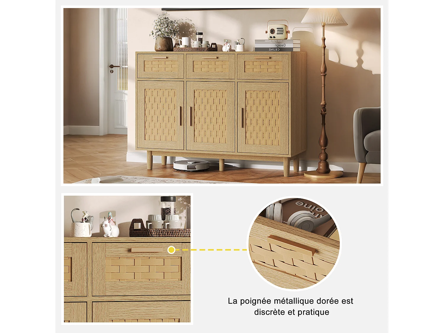 Commode 3 tiroirs et 3 porte chambre, conception anti-basculement et cadre en bois, pour salon, 115x40x80 cm