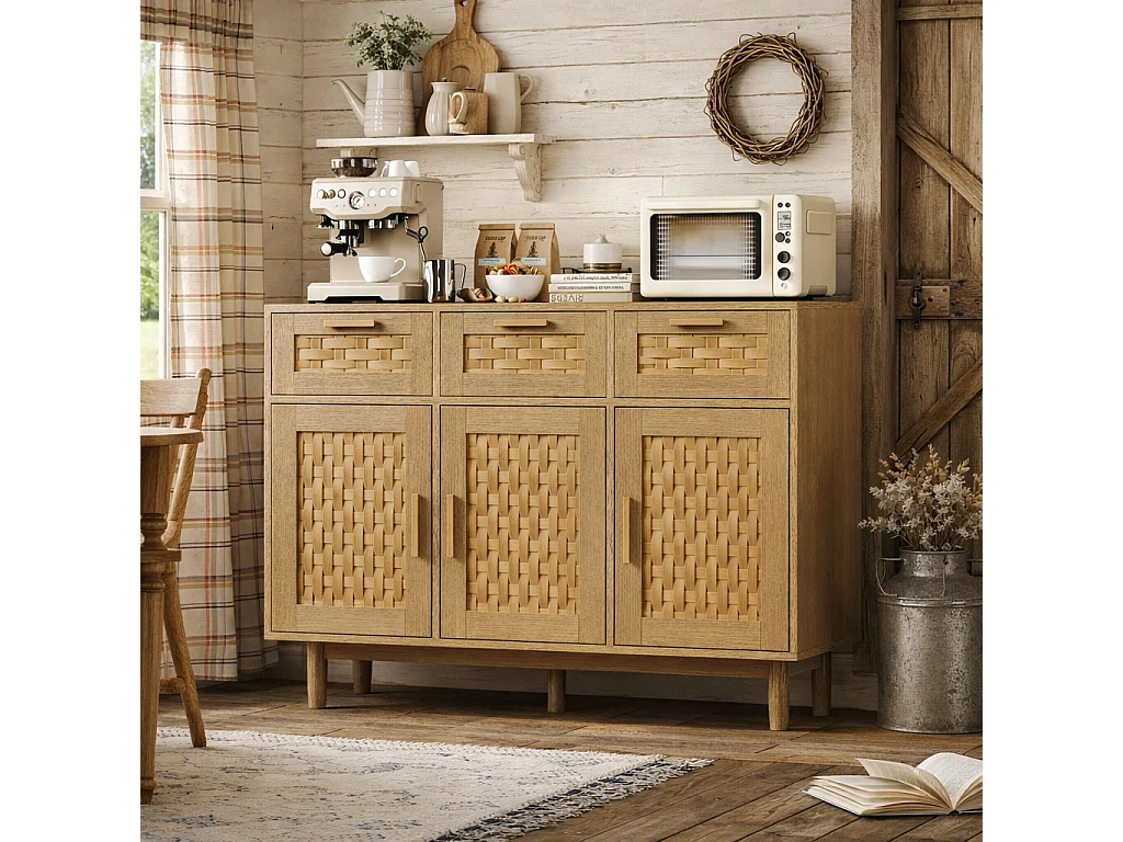 Commode 3 tiroirs et 3 porte chambre, conception anti-basculement et cadre en bois, pour salon, 115x40x80 cm