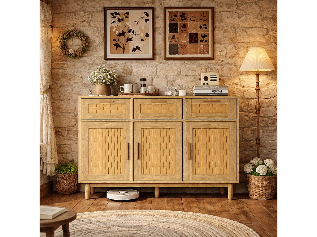 Commode 3 tiroirs et 3 porte chambre, conception anti-basculement et cadre en bois, pour salon, 115x40x80 cm