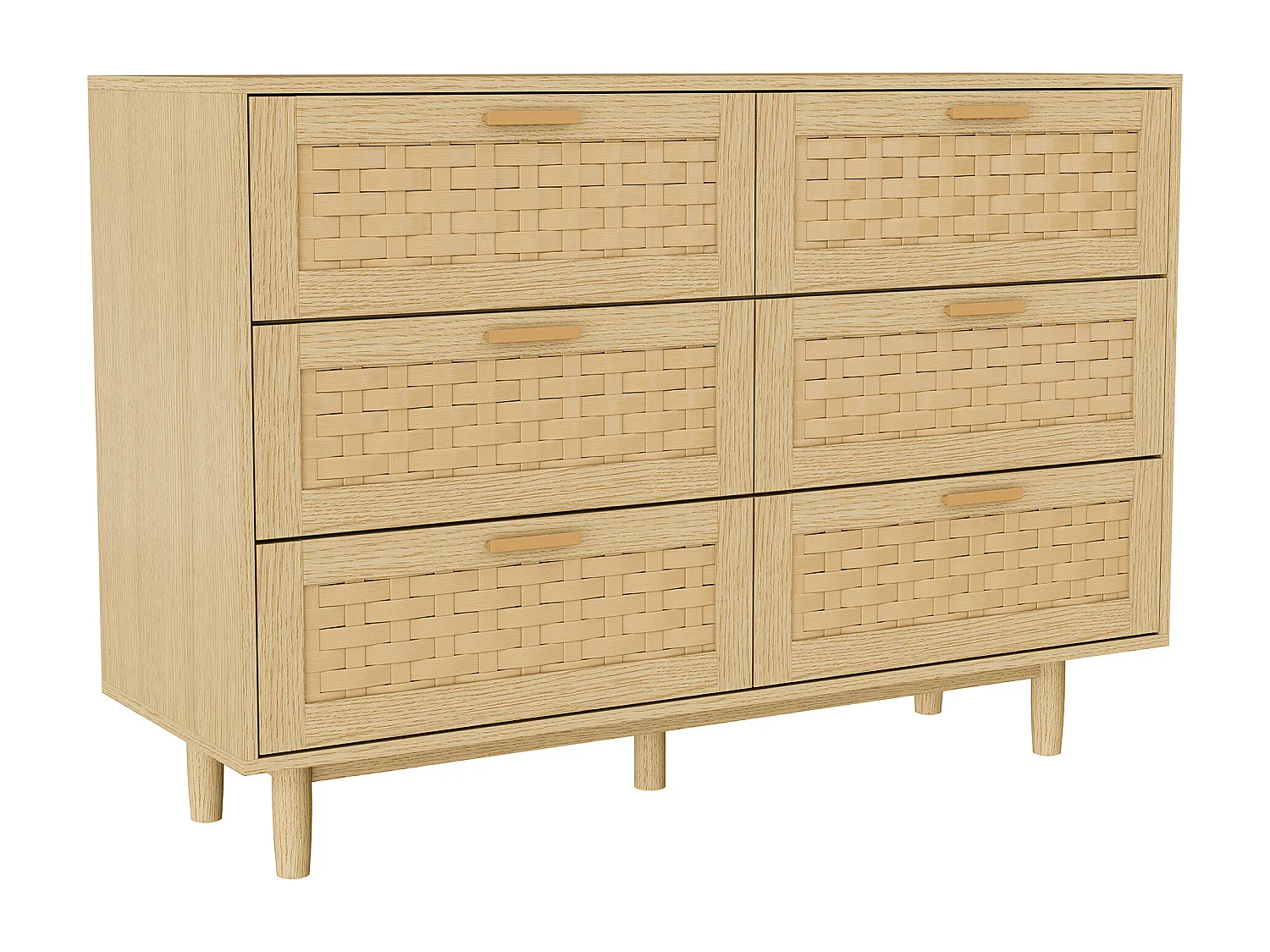 Commode en rotin avec 6 tiroirs, armoire à tiroirs en bois avec façade en rotin, 115 x 40 x 80 cm, Couleur chêne