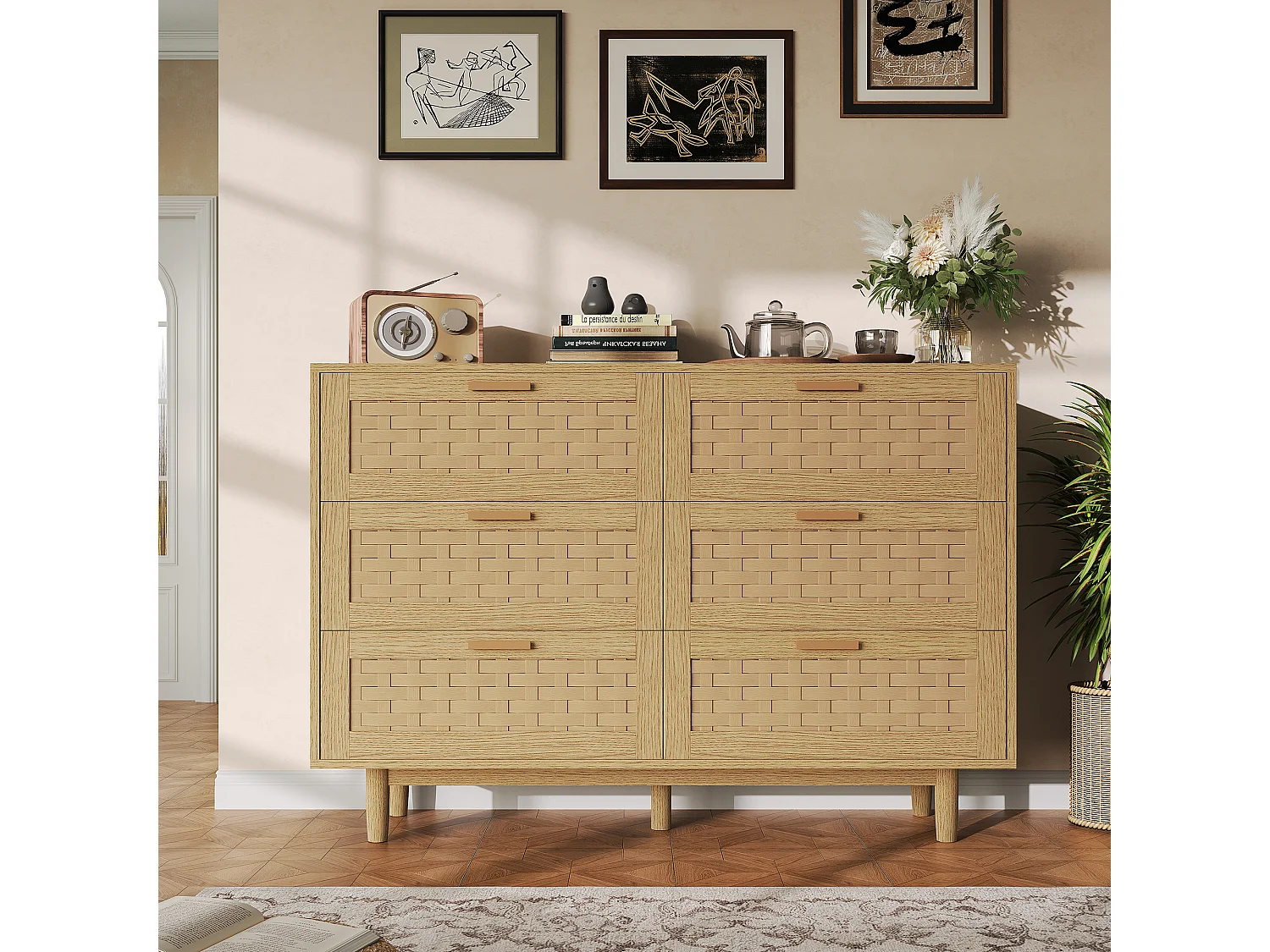 Commode en rotin avec 6 tiroirs, armoire à tiroirs en bois avec façade en rotin, 115 x 40 x 80 cm, Couleur chêne