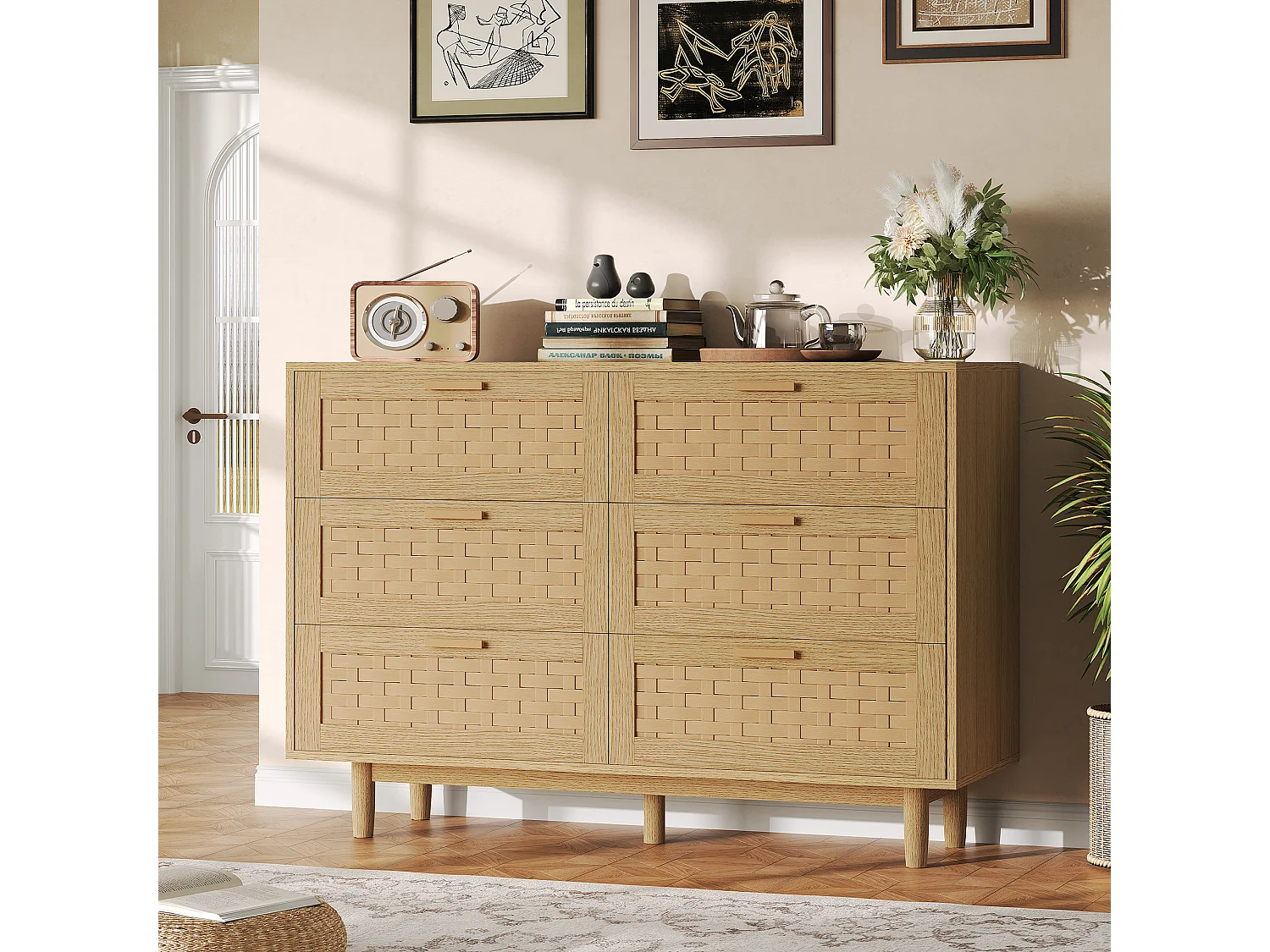 Commode en rotin avec 6 tiroirs, armoire à tiroirs en bois avec façade en rotin, 115 x 40 x 80 cm, Couleur chêne