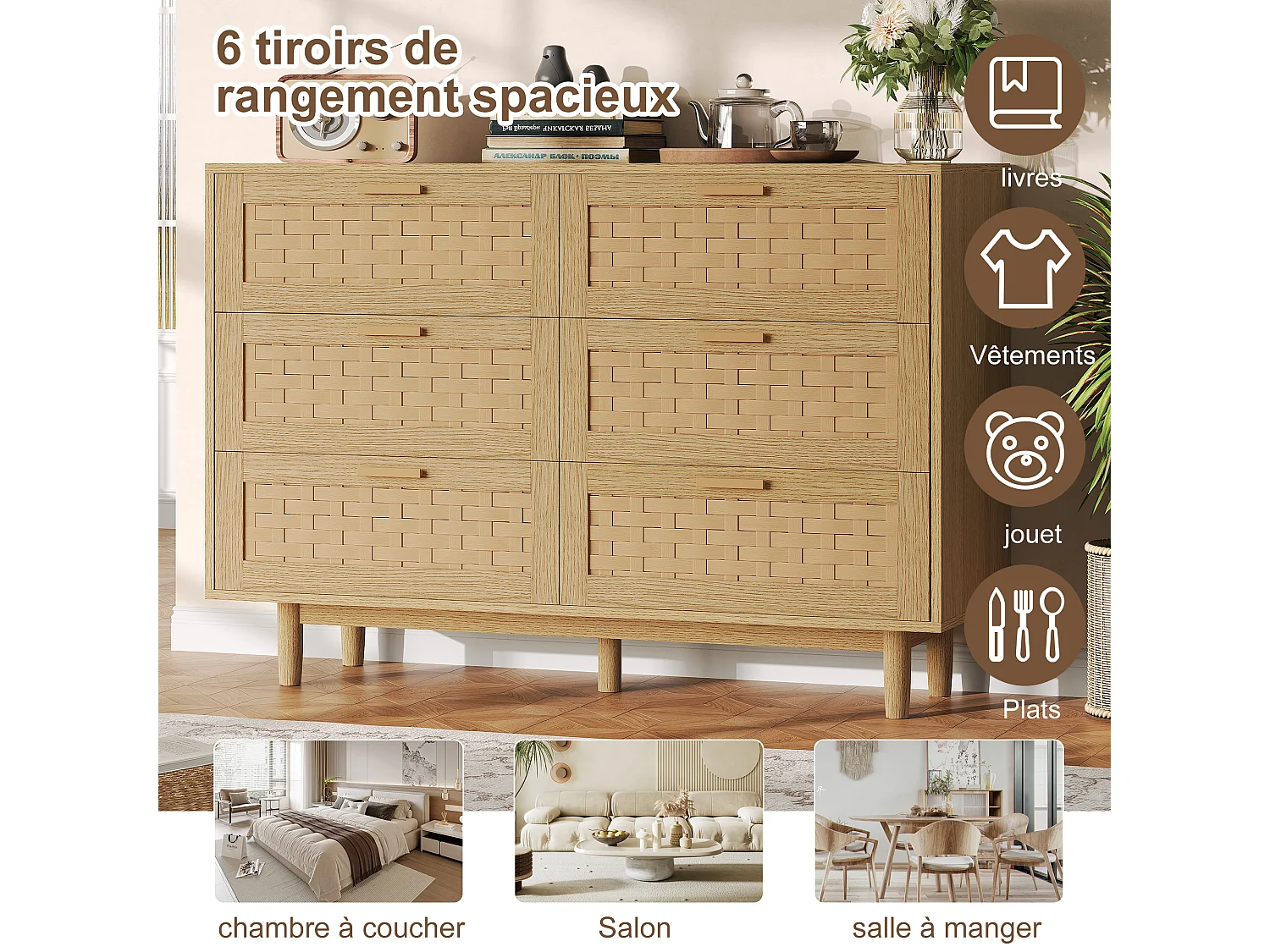 Commode en rotin avec 6 tiroirs, armoire à tiroirs en bois avec façade en rotin, 115 x 40 x 80 cm, Couleur chêne