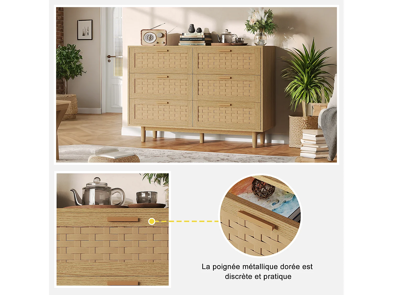 Commode en rotin avec 6 tiroirs, armoire à tiroirs en bois avec façade en rotin, 115 x 40 x 80 cm, Couleur chêne
