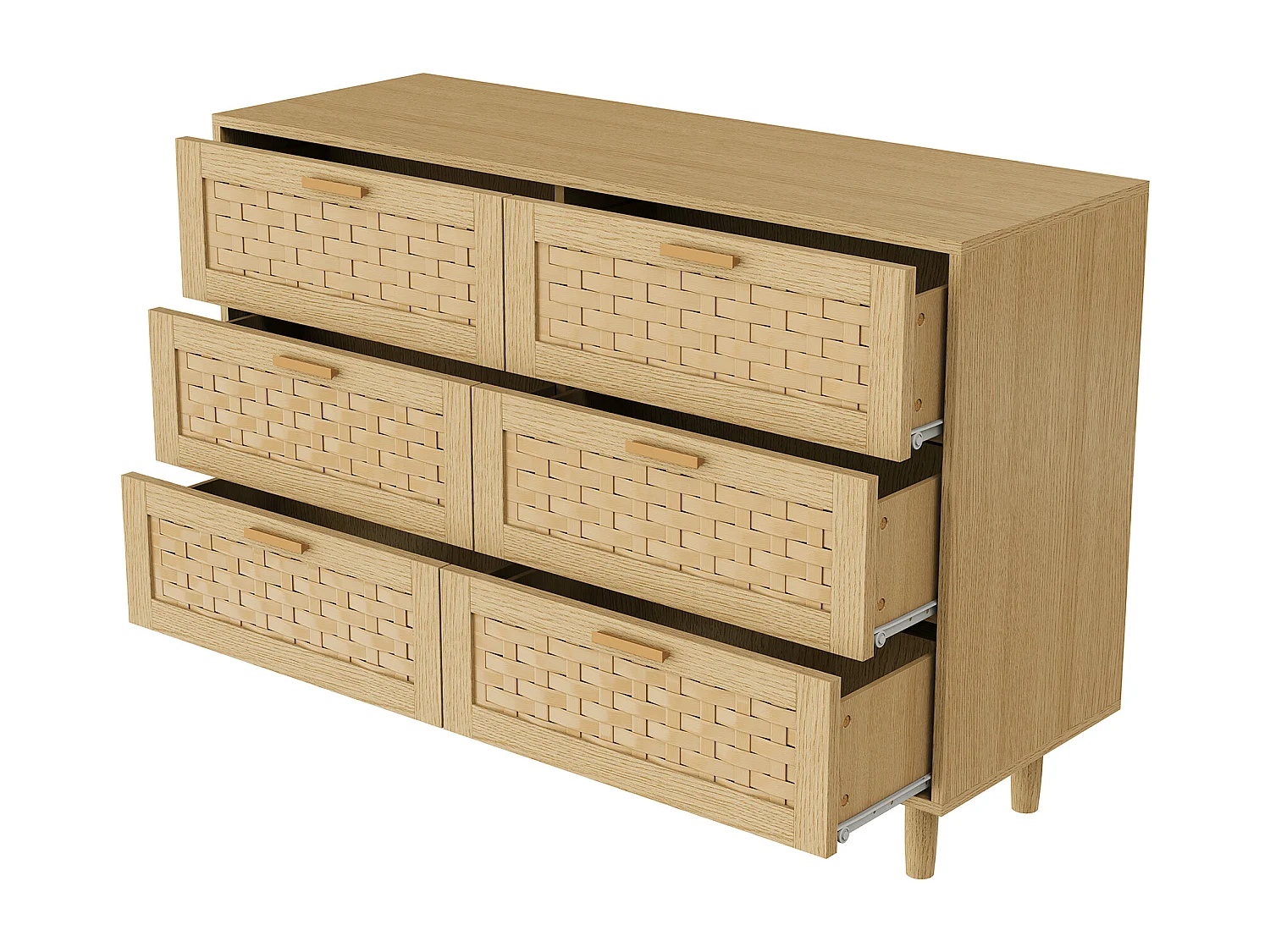 Commode en rotin avec 6 tiroirs, armoire à tiroirs en bois avec façade en rotin, 115 x 40 x 80 cm, Couleur chêne