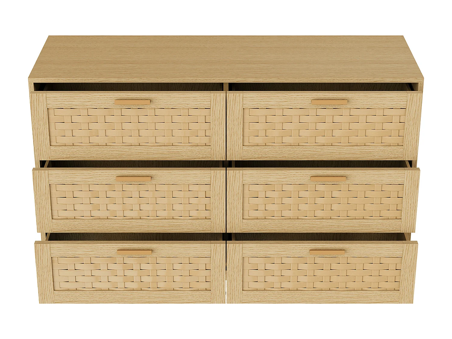 Commode en rotin avec 6 tiroirs, armoire à tiroirs en bois avec façade en rotin, 115 x 40 x 80 cm, Couleur chêne