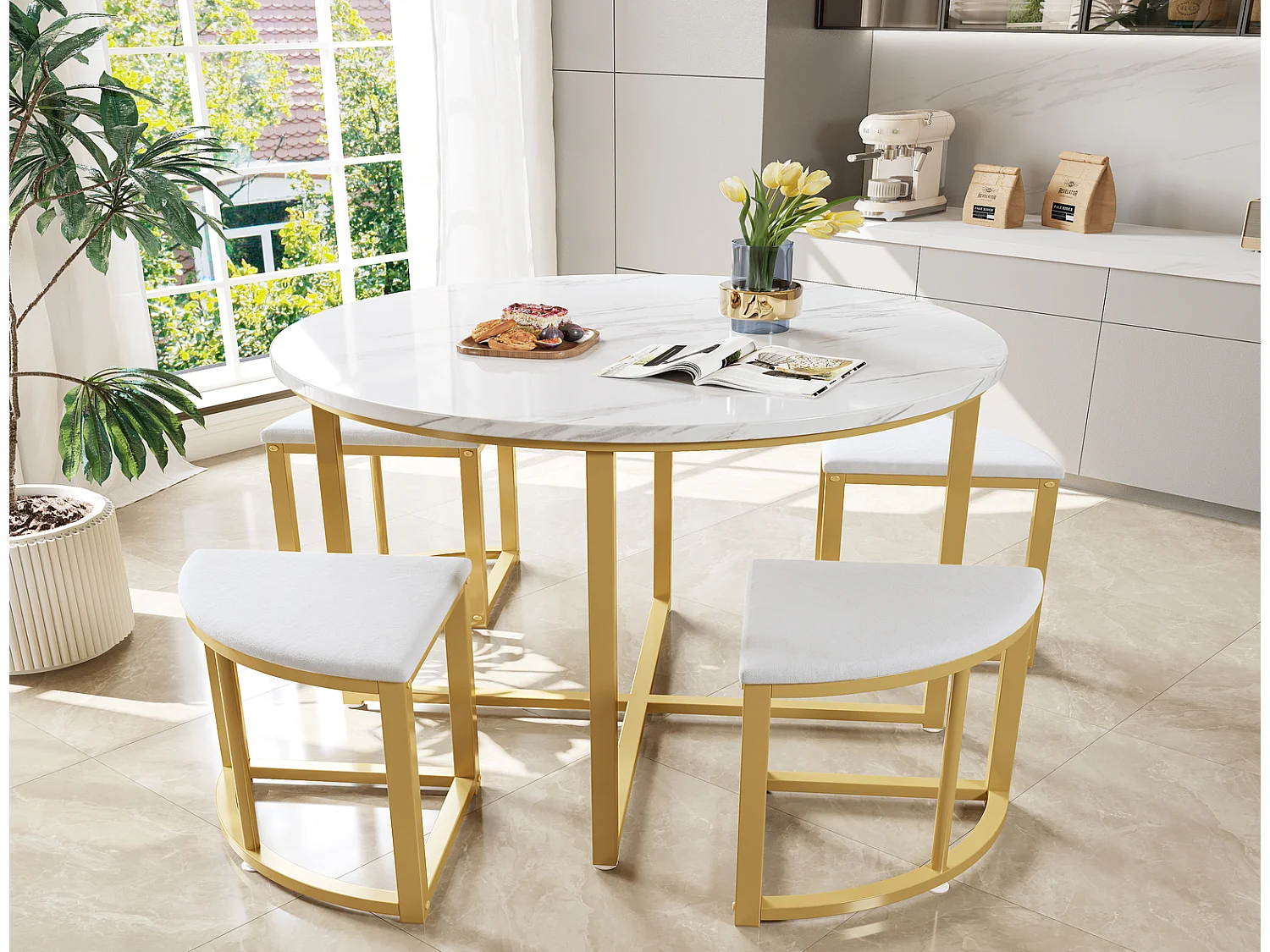 Essgruppe 4 Stühle 80x80x75 cm, moderne Essgruppe weiß gold, Esstisch mit 4 Samtstühlen, platzsparend