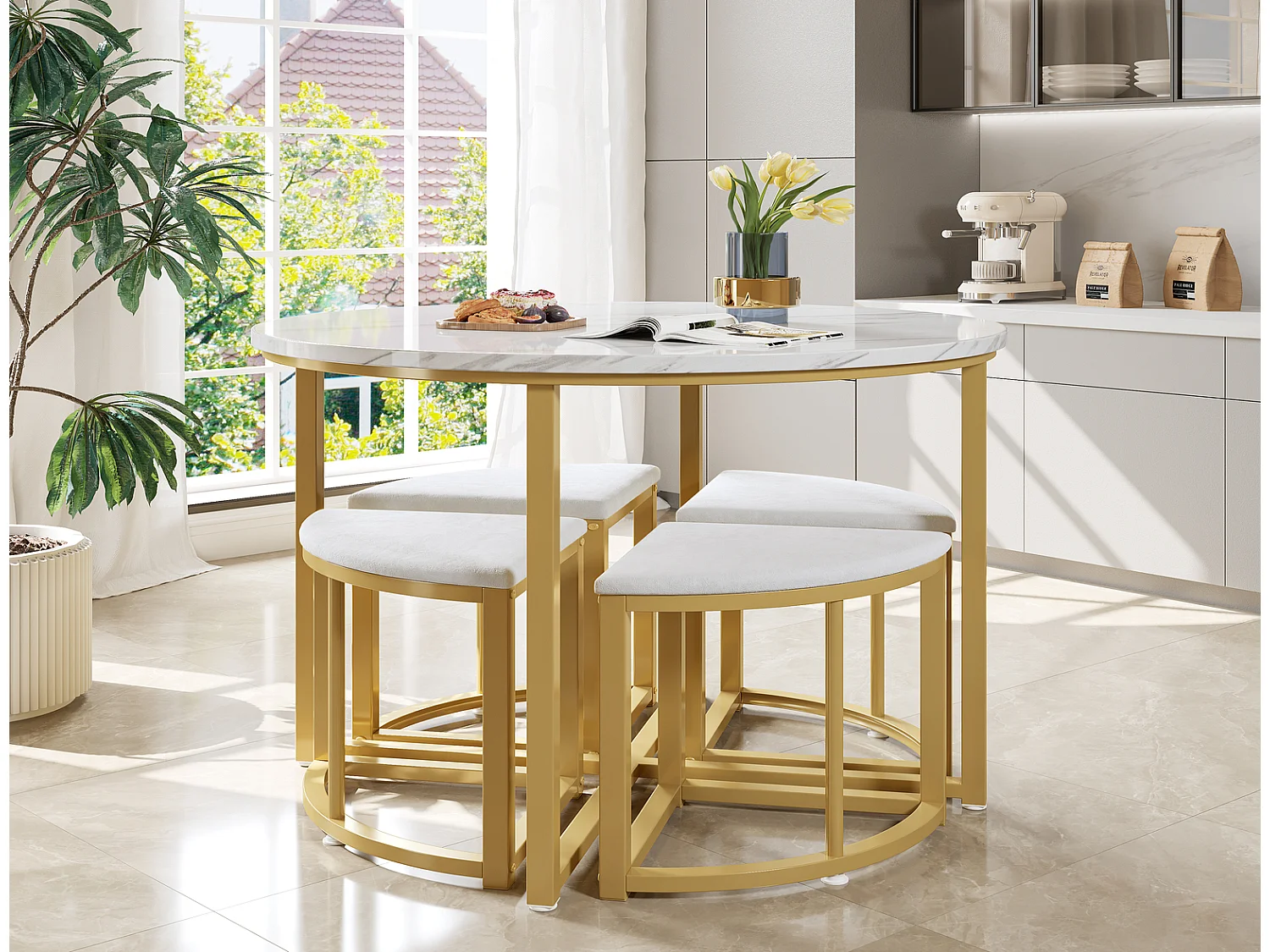 Essgruppe 4 Stühle 80x80x75 cm, moderne Essgruppe weiß gold, Esstisch mit 4 Samtstühlen, platzsparend