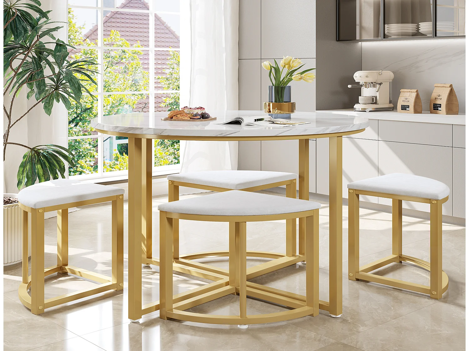 Essgruppe 4 Stühle 80x80x75 cm, moderne Essgruppe weiß gold, Esstisch mit 4 Samtstühlen, platzsparend