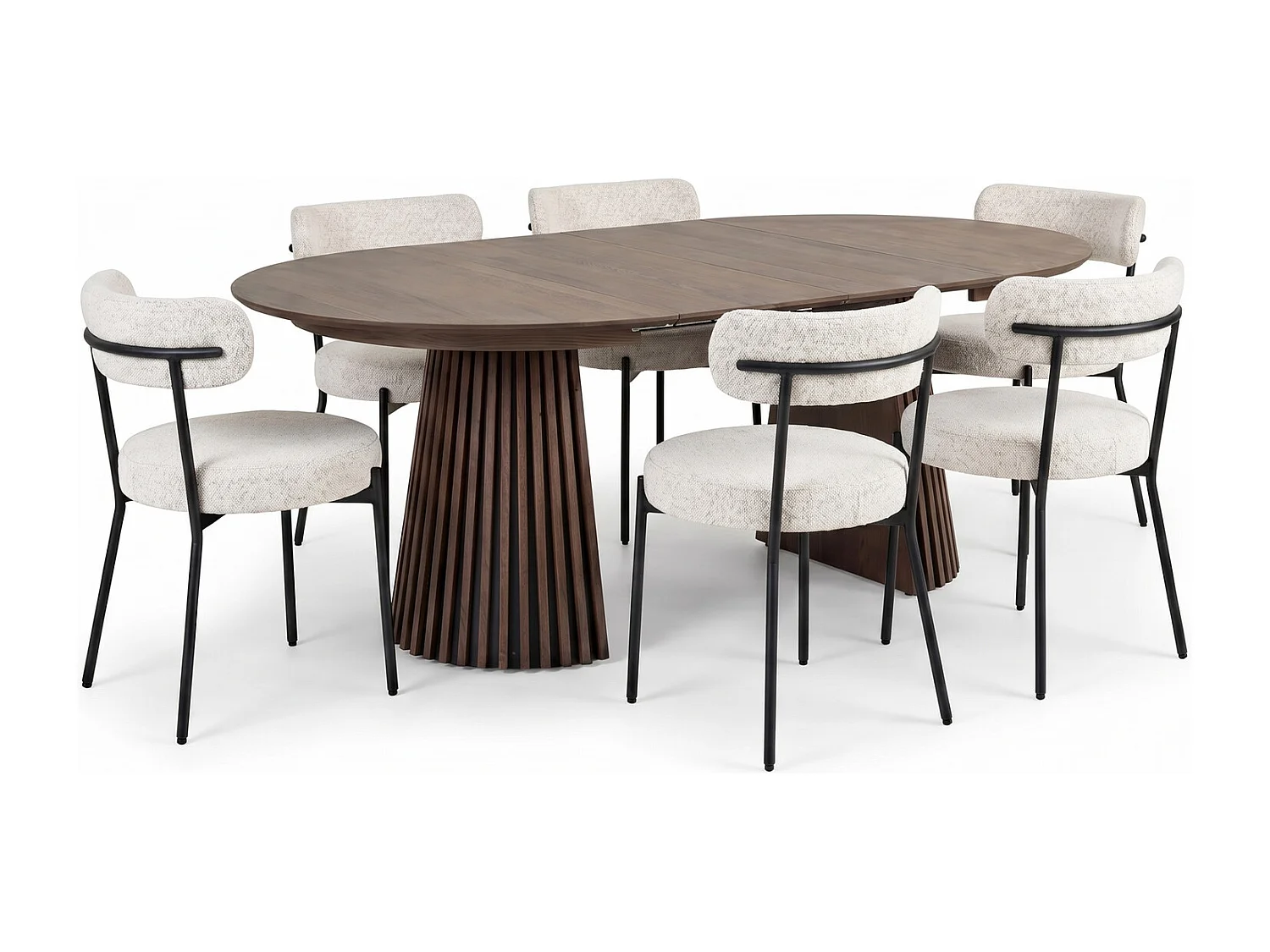 Tokyo ensemble pour salle à manger table à manger avec 2 rallonges Ø120x120-160-200 cm smoked et 6 chaises bouclé blanc.