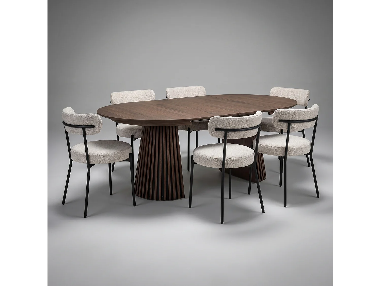Tokyo ensemble pour salle à manger table à manger avec 2 rallonges Ø120x120-160-200 cm smoked et 6 chaises bouclé blanc.