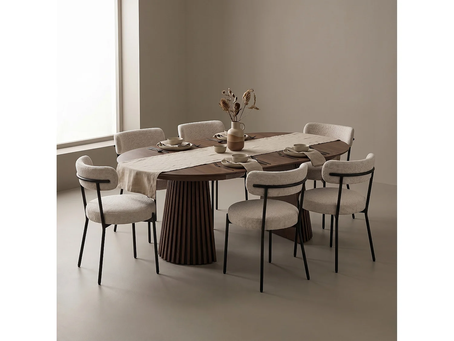 Tokyo ensemble pour salle à manger table à manger avec 2 rallonges Ø120x120-160-200 cm smoked et 6 chaises bouclé blanc.