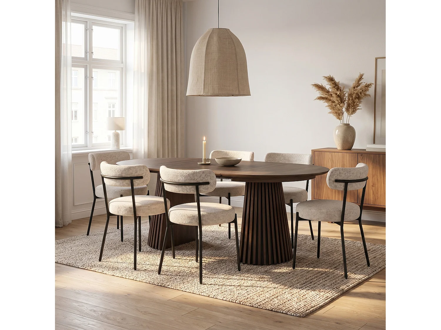 Tokyo ensemble pour salle à manger table à manger avec 2 rallonges Ø120x120-160-200 cm smoked et 6 chaises bouclé blanc.