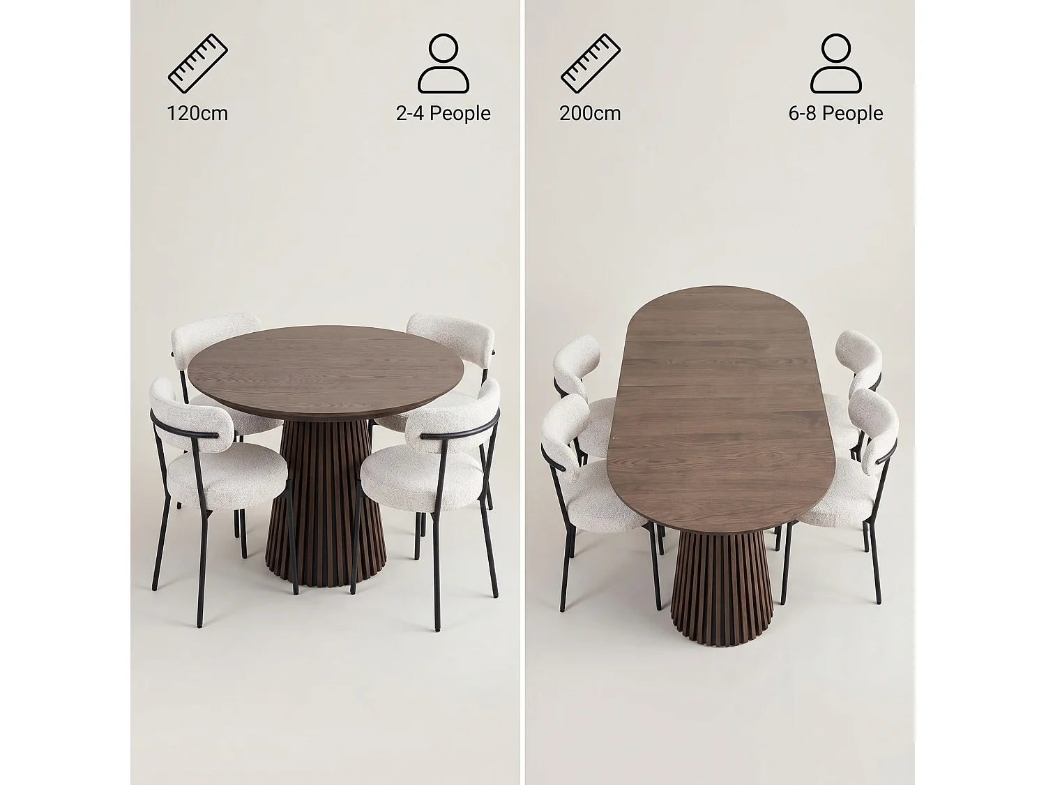 Tokyo ensemble pour salle à manger table à manger avec 2 rallonges Ø120x120-160-200 cm smoked et 6 chaises bouclé blanc.