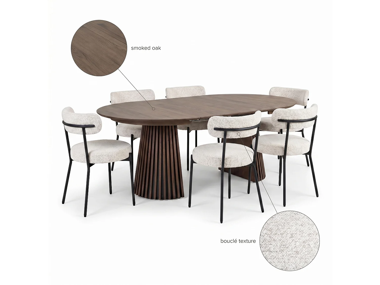 Tokyo ensemble pour salle à manger table à manger avec 2 rallonges Ø120x120-160-200 cm smoked et 6 chaises bouclé blanc.
