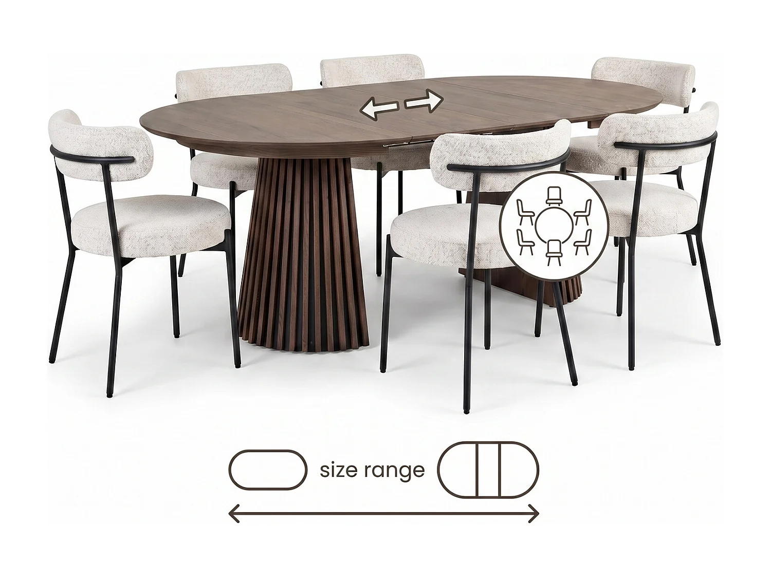 Tokyo ensemble pour salle à manger table à manger avec 2 rallonges Ø120x120-160-200 cm smoked et 6 chaises bouclé blanc.