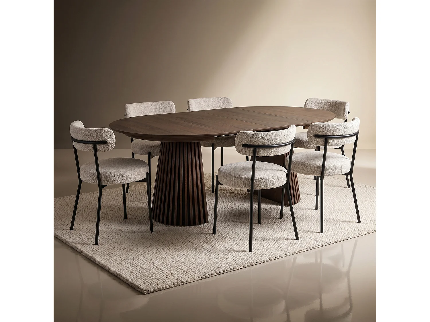 Tokyo ensemble pour salle à manger table à manger avec 2 rallonges Ø120x120-160-200 cm smoked et 6 chaises bouclé blanc.