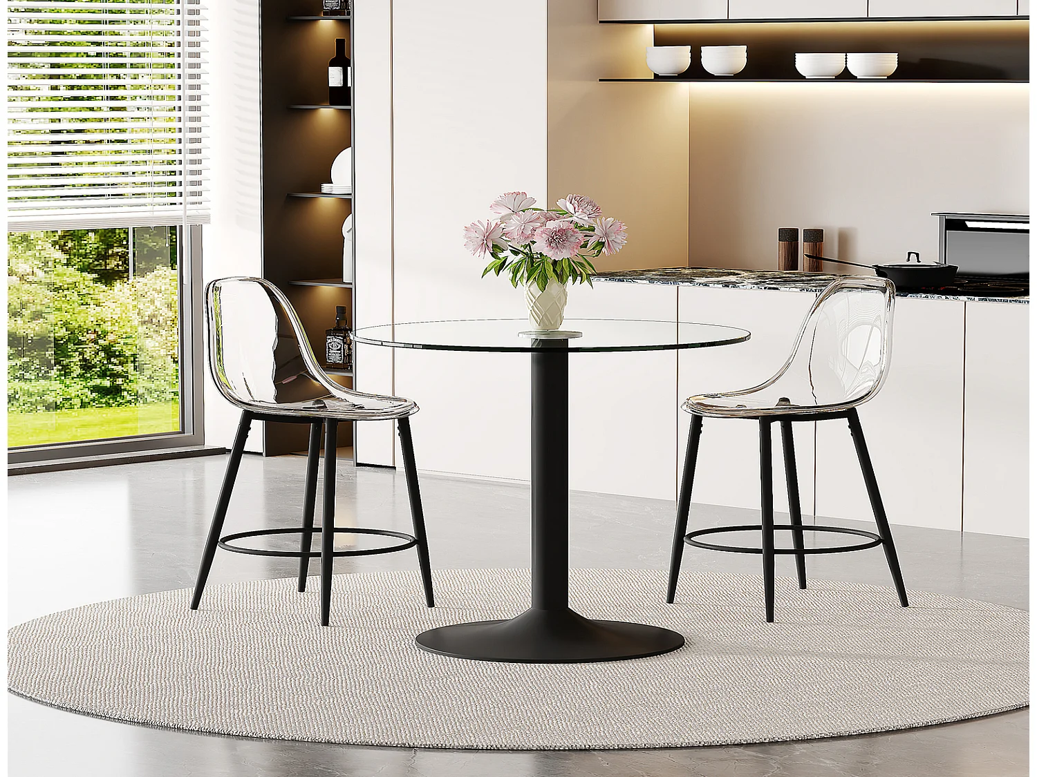 Bar Set mit 2 Hockern 89 cm, Küchenbar Set Glas mit Tisch und 2 Barhockern, modern schwarz für offene Küche