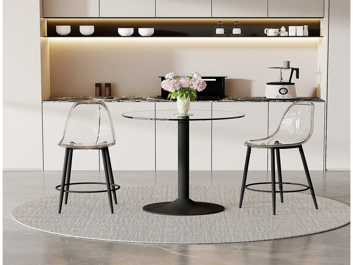 Bar Set mit 2 Hockern 89 cm, Küchenbar Set Glas mit Tisch und 2 Barhockern, modern schwarz für offene Küche